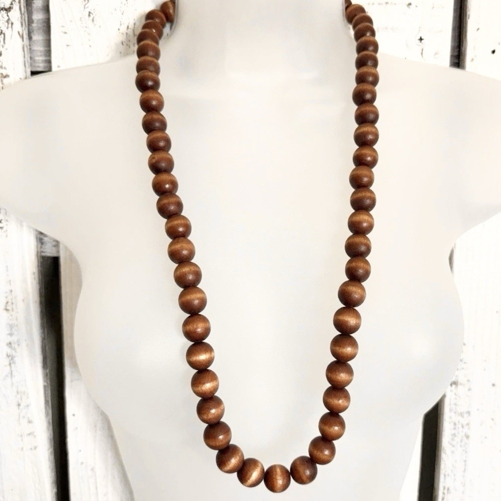 VTG Boho Wood Bead Necklace 34" Clasp Hippie Chunky Beaded Brown Nature‎ Cottage